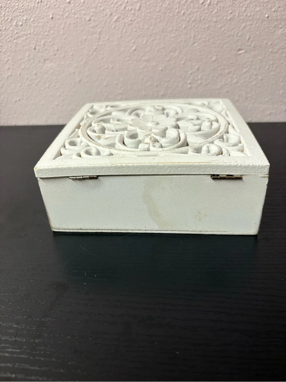 White Distressed Floral Scroll Wooden Keepsake Jewelry Trinket Box